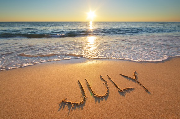 July written in the sand at the beach.