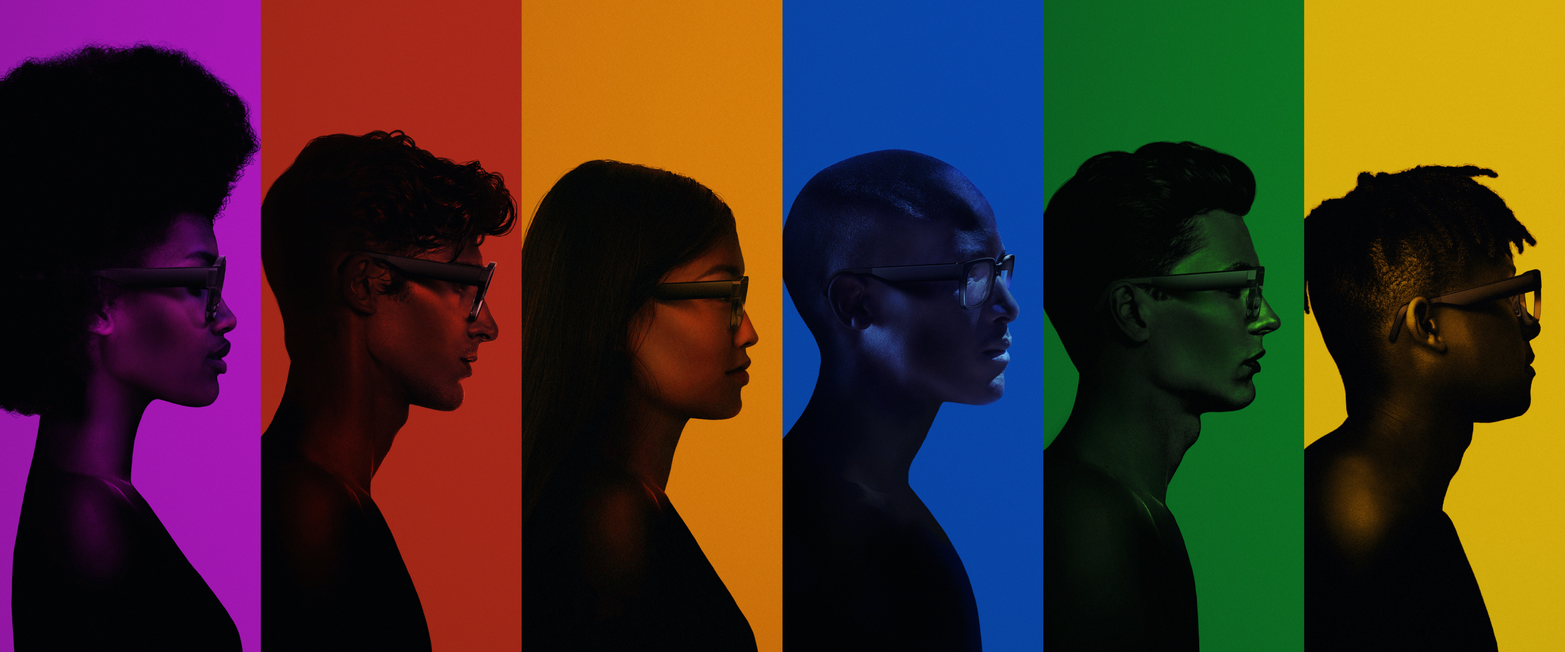 Profiles of six people wearing North's Focal smart glasses.