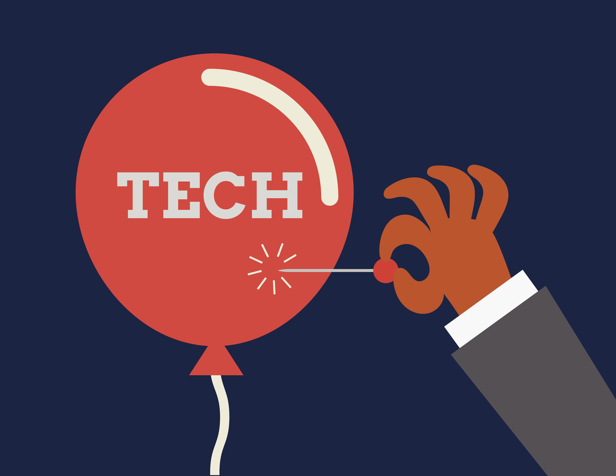 Illustration depicting a tech balloon about to be popped by a person holding a pin.