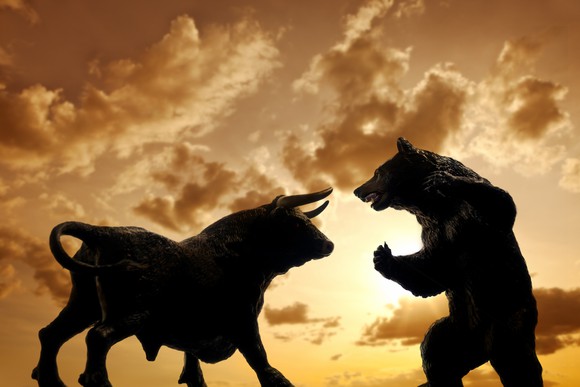 A bull and a bear square off to fight. 