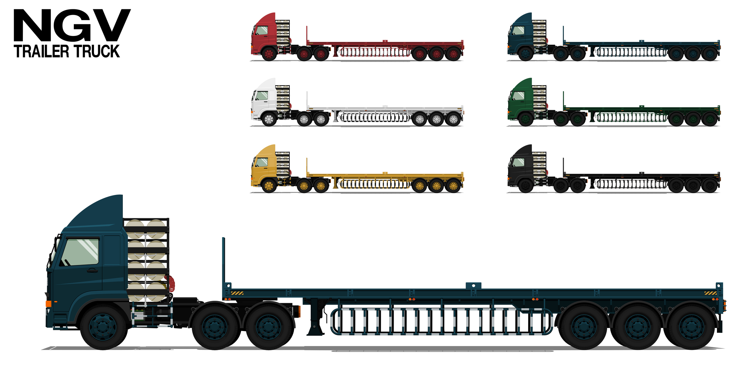 Profile views of natural-gas-powered trailer trucks