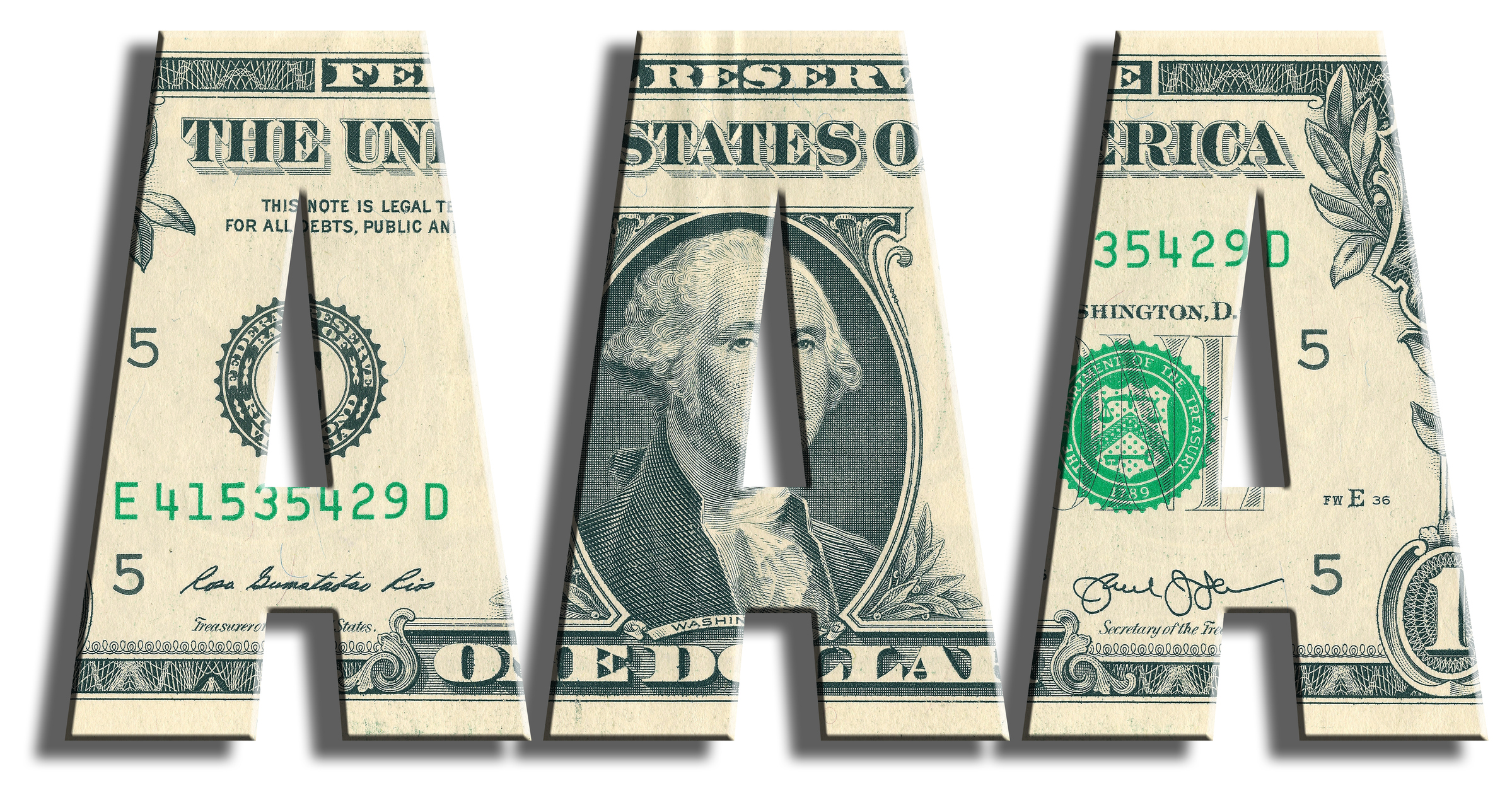 Three letter A's fashioned out of dollar bills.