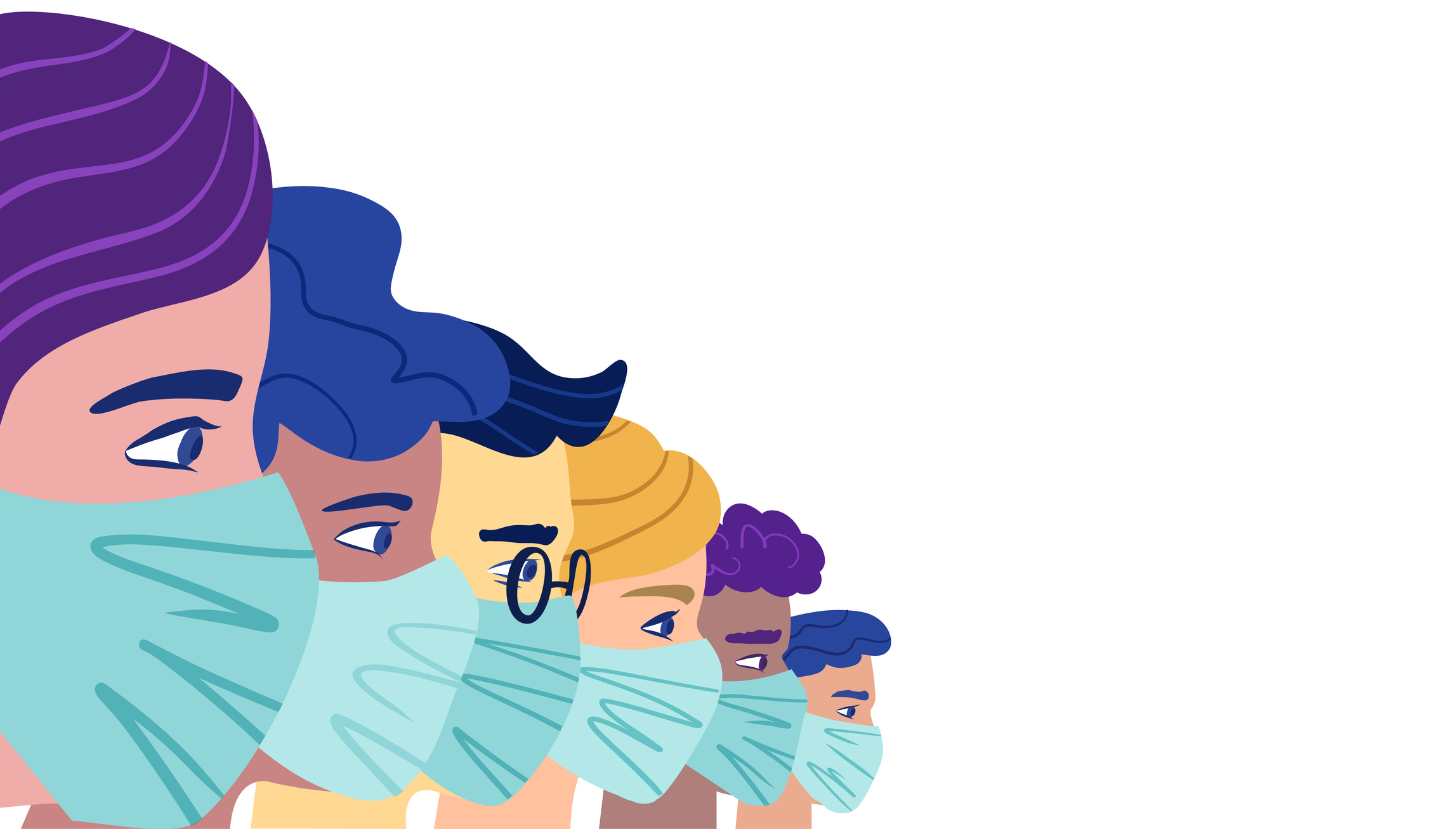 A cartoon of a line of young people wearing face masks looking from left to right.