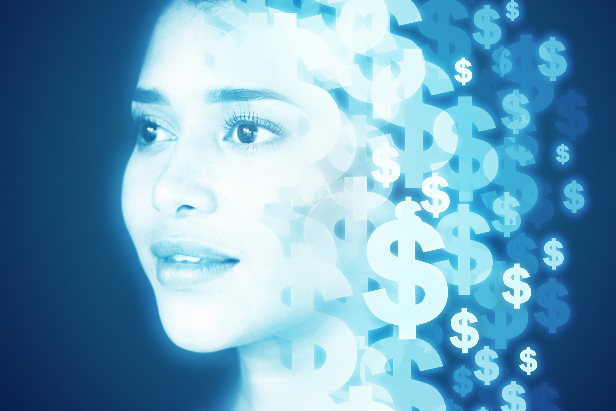 Woman with dollar signs next to her head