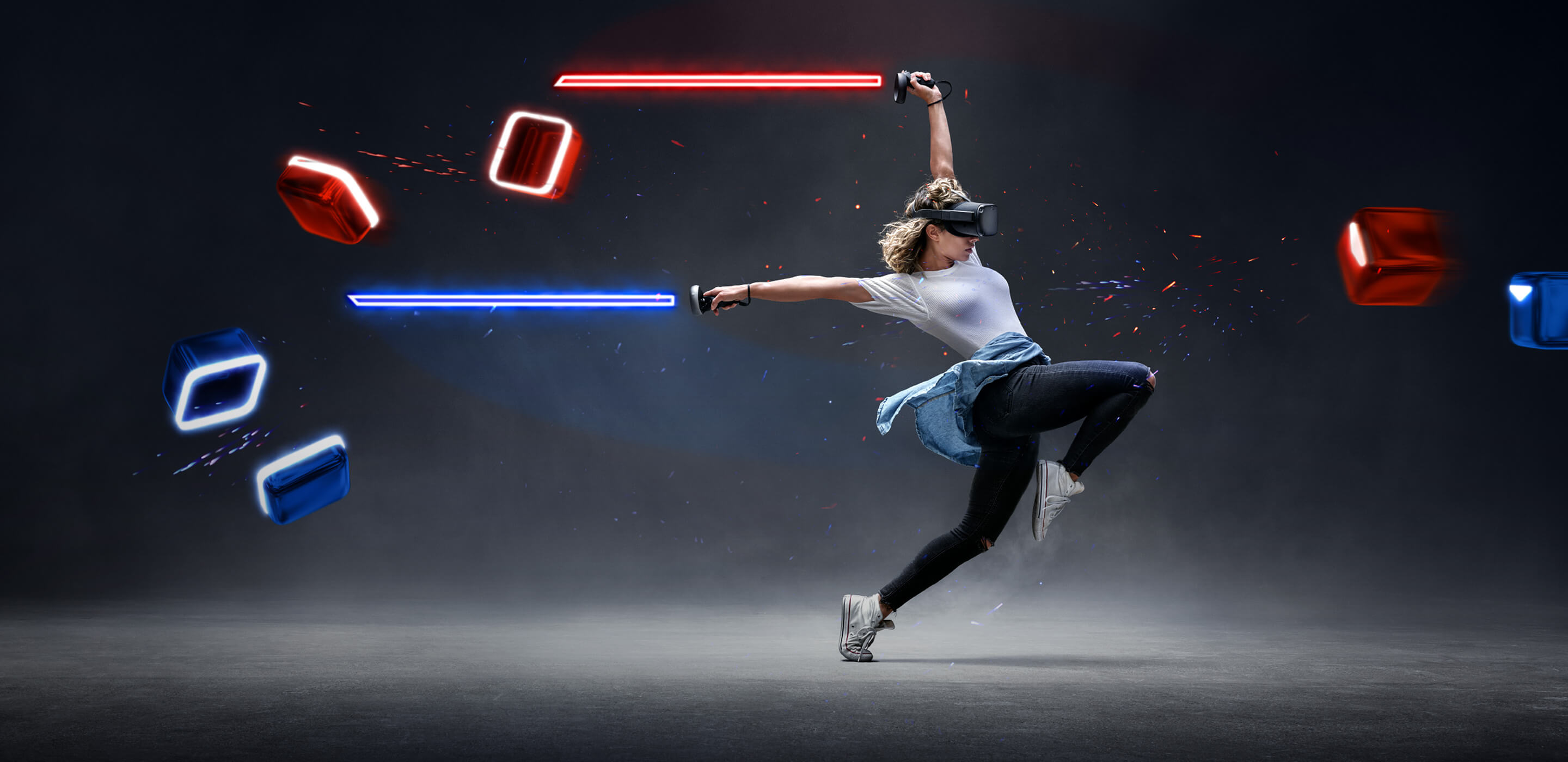 A woman plays Beat Saber on the Oculus Quest.