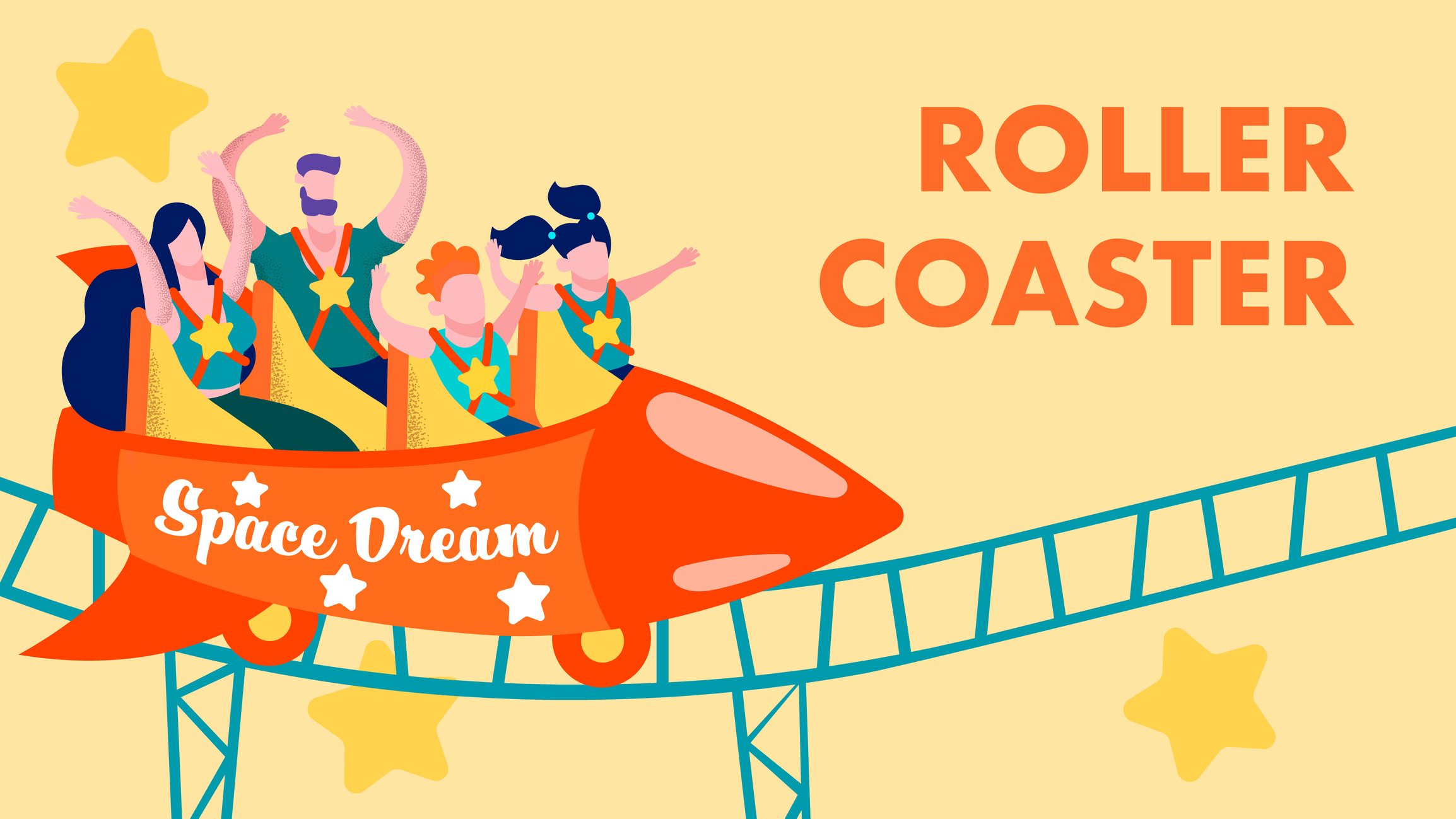Cartoon shows a rocket shaped roller coaster labeled SPACE DREAM