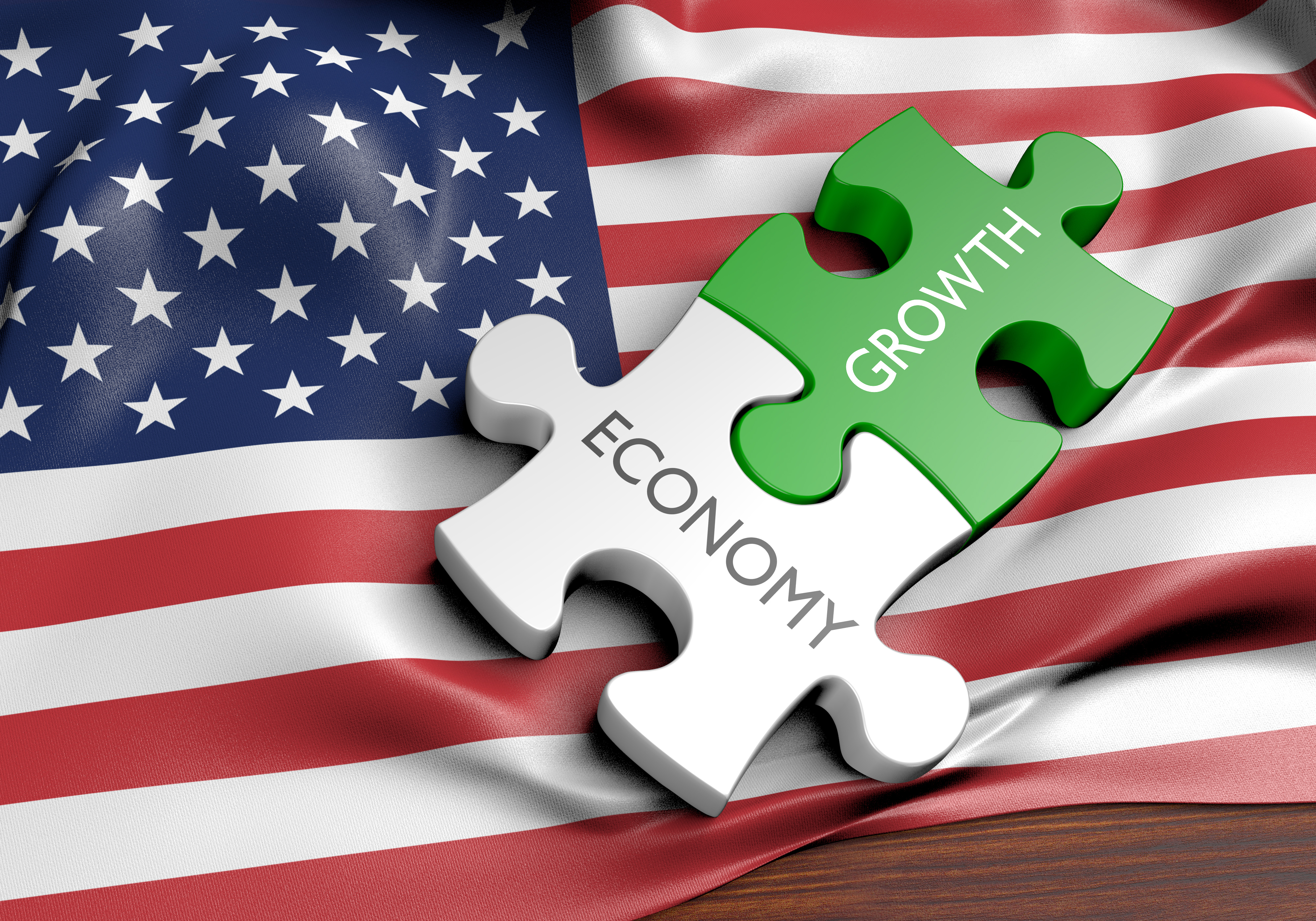American Flag with puzzle pieces on it that say economy and growth