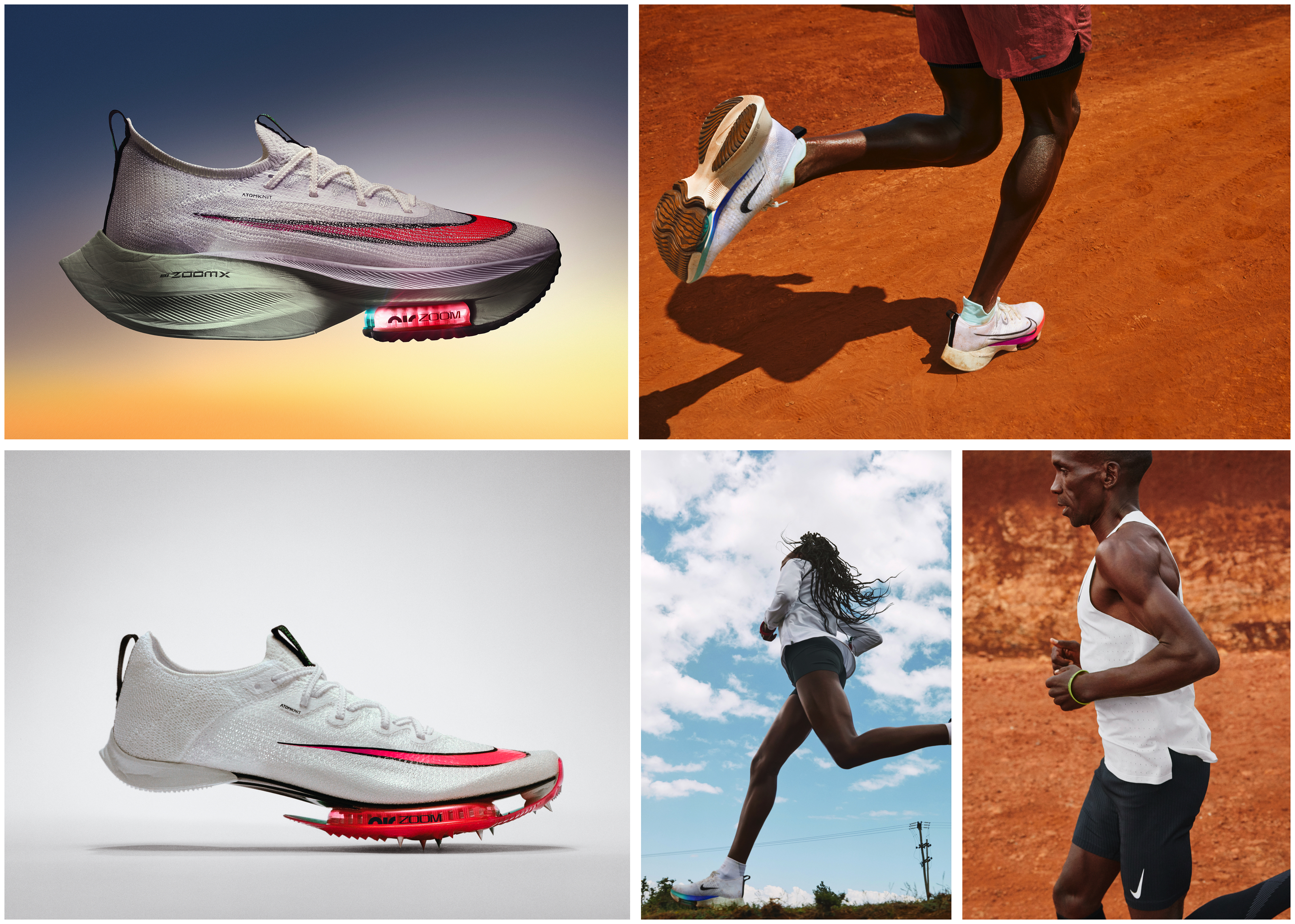 Nike running shoes shown next to a man and woman running in Nike footwear.