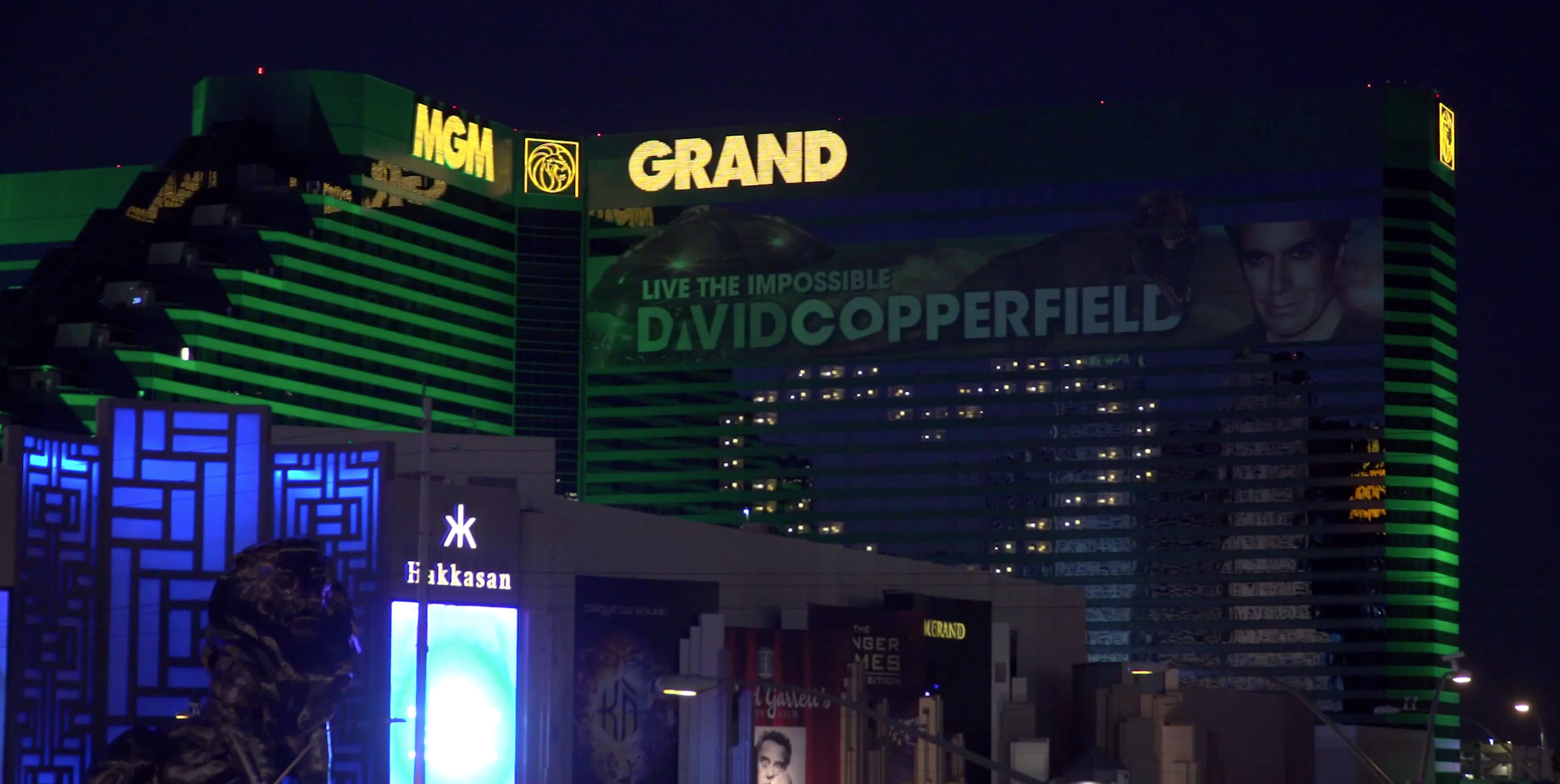 The MGM Grand resort in Las Vegas is seen from the street at night.