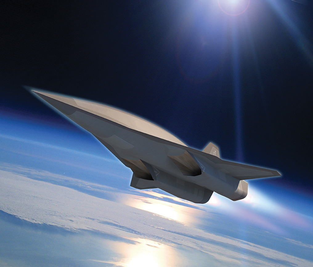 Illustration of Skunk Works-designed hypersonic spy plane in orbit.
