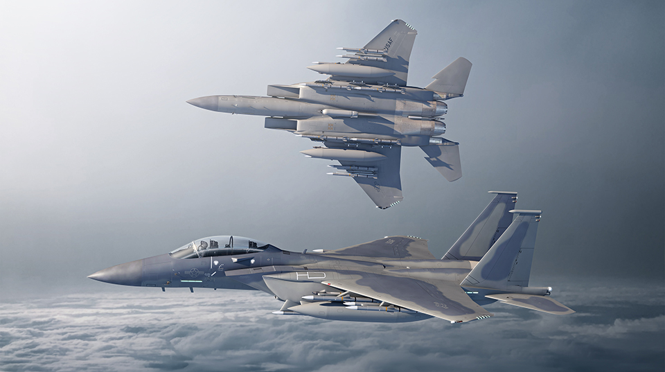 Artist's depiction of two fully loaded F-15EXes in flight