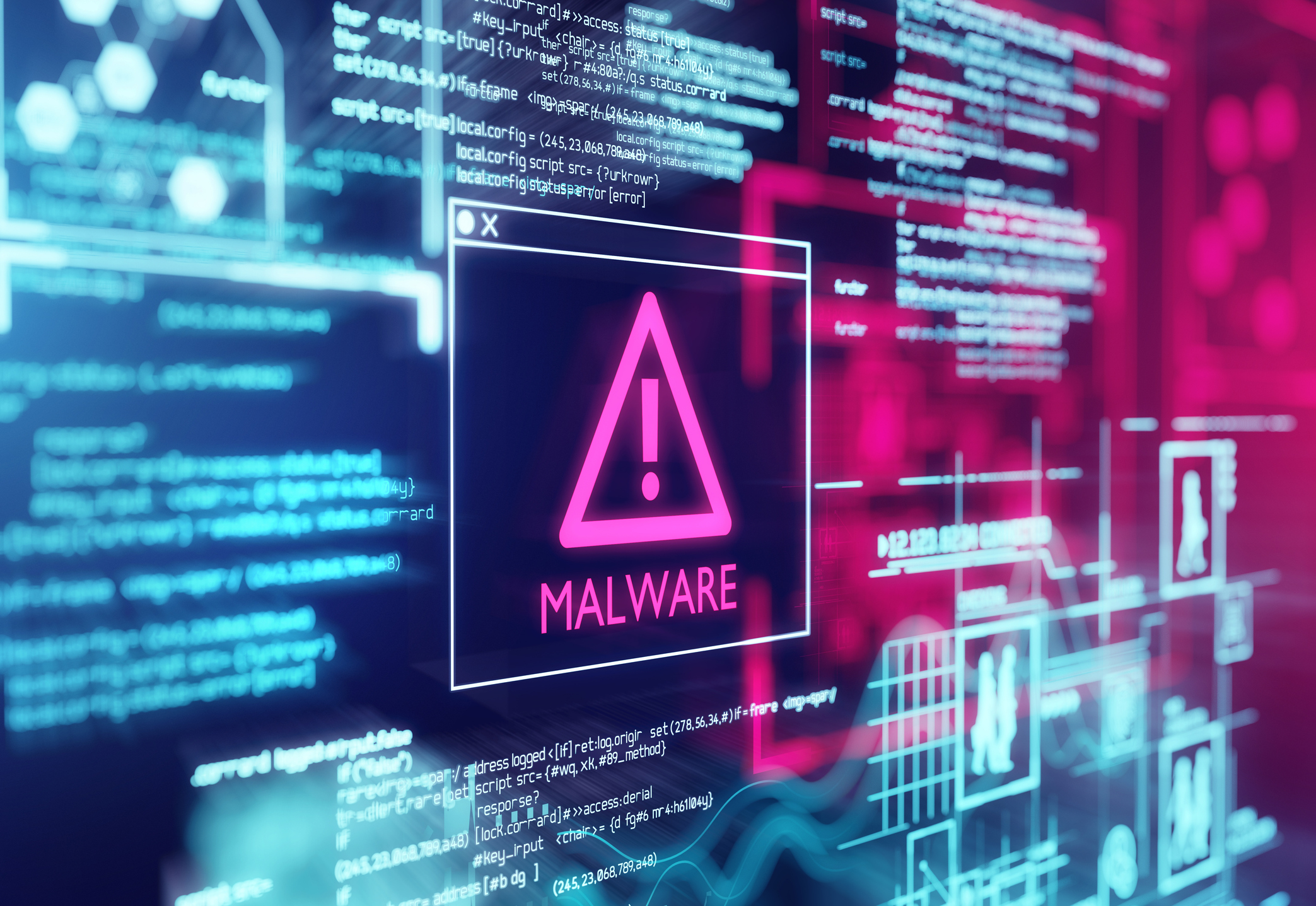 computer with malware symbol indicating locked up service