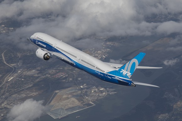A Boeing 787 Dreamliner in flight.