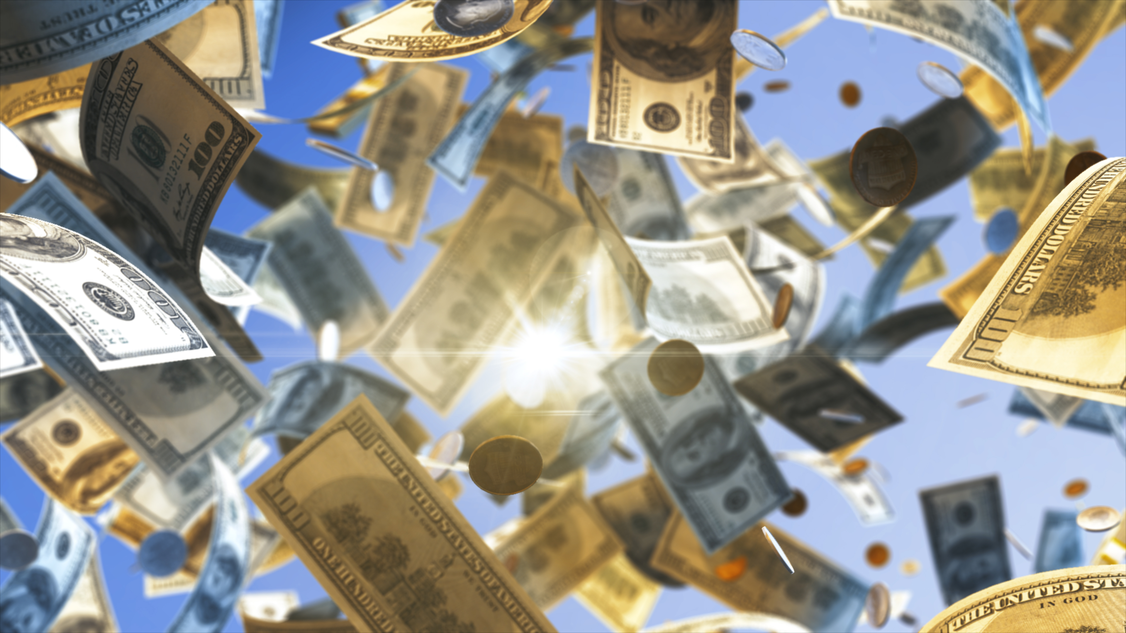 $100 bills and coins falling from the sky.