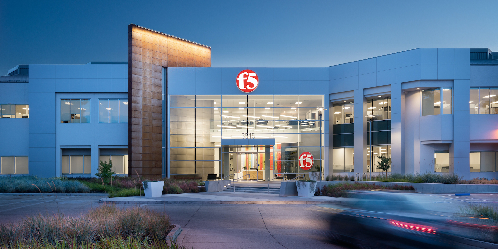 Exterior of F5 Networks office in San Jose at dusk