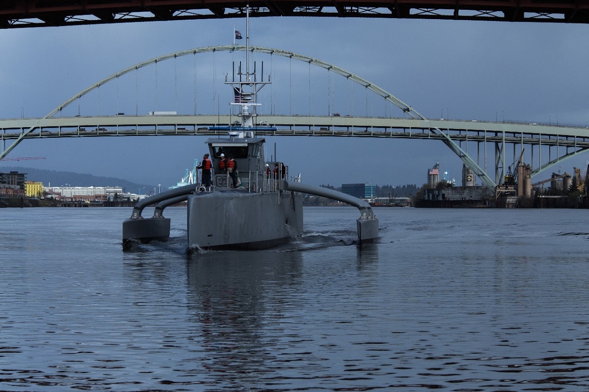 Sea Hunter robot warship at dusk