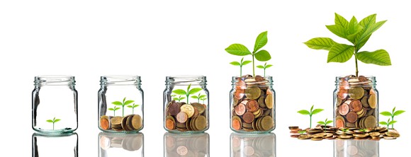 Plants growing in  increasingly full jars of coins.