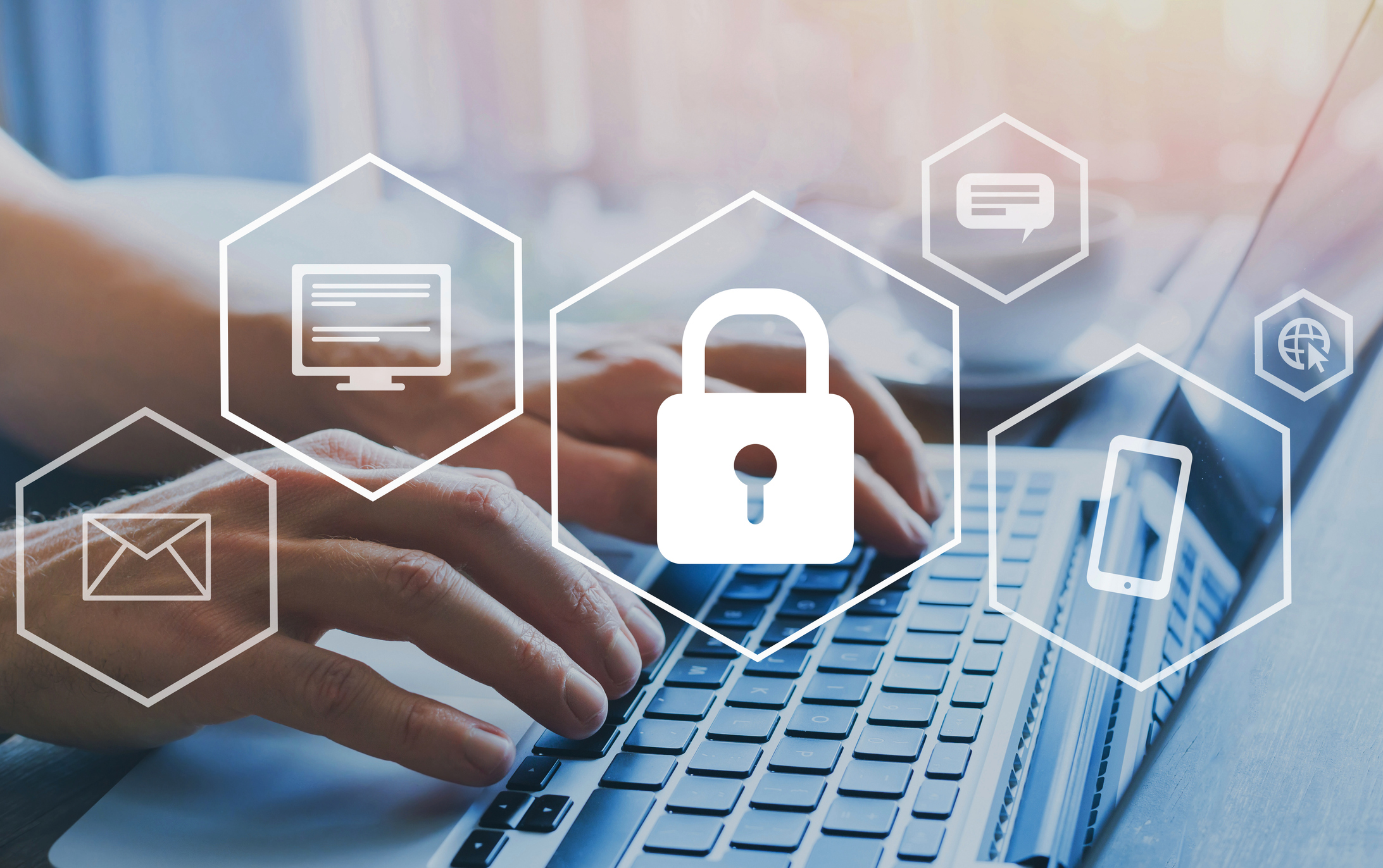 A lock icon and a person using a laptop.