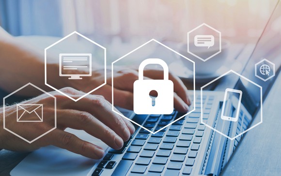 A lock icon and a person using a laptop.