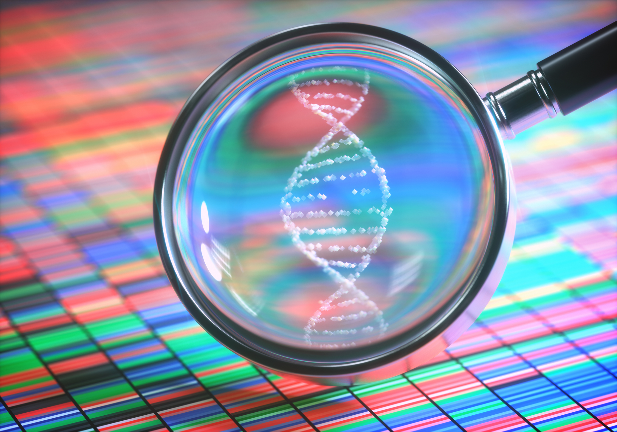 Magnifying glass showing DNA helix with color-coded DNA map in the background