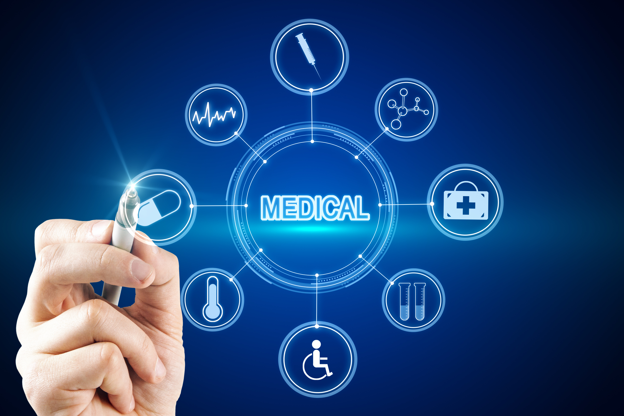 Hand with pointer pointing to a screen showing various healthcare-related icons.