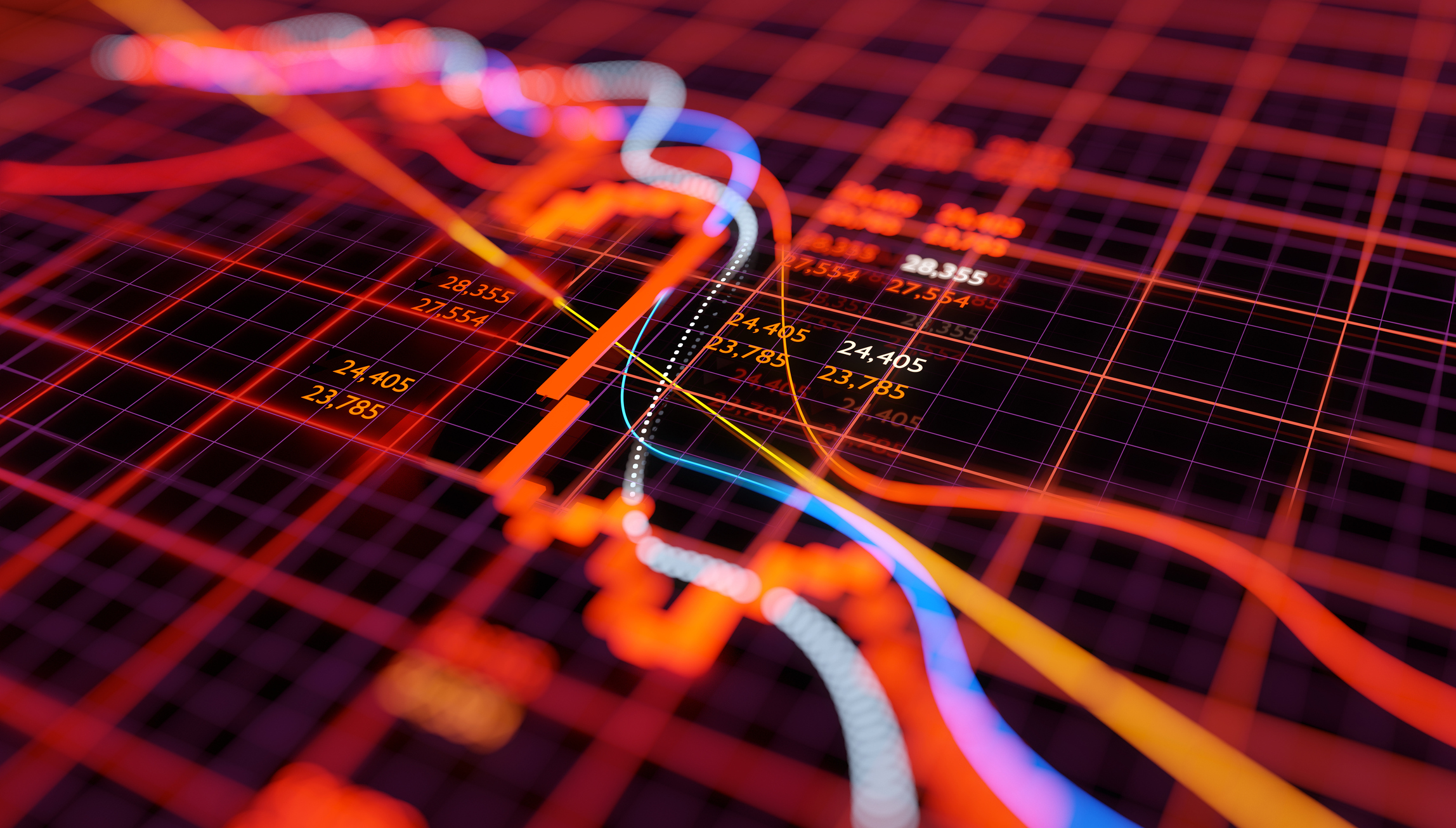 Descending lines on a red chart.