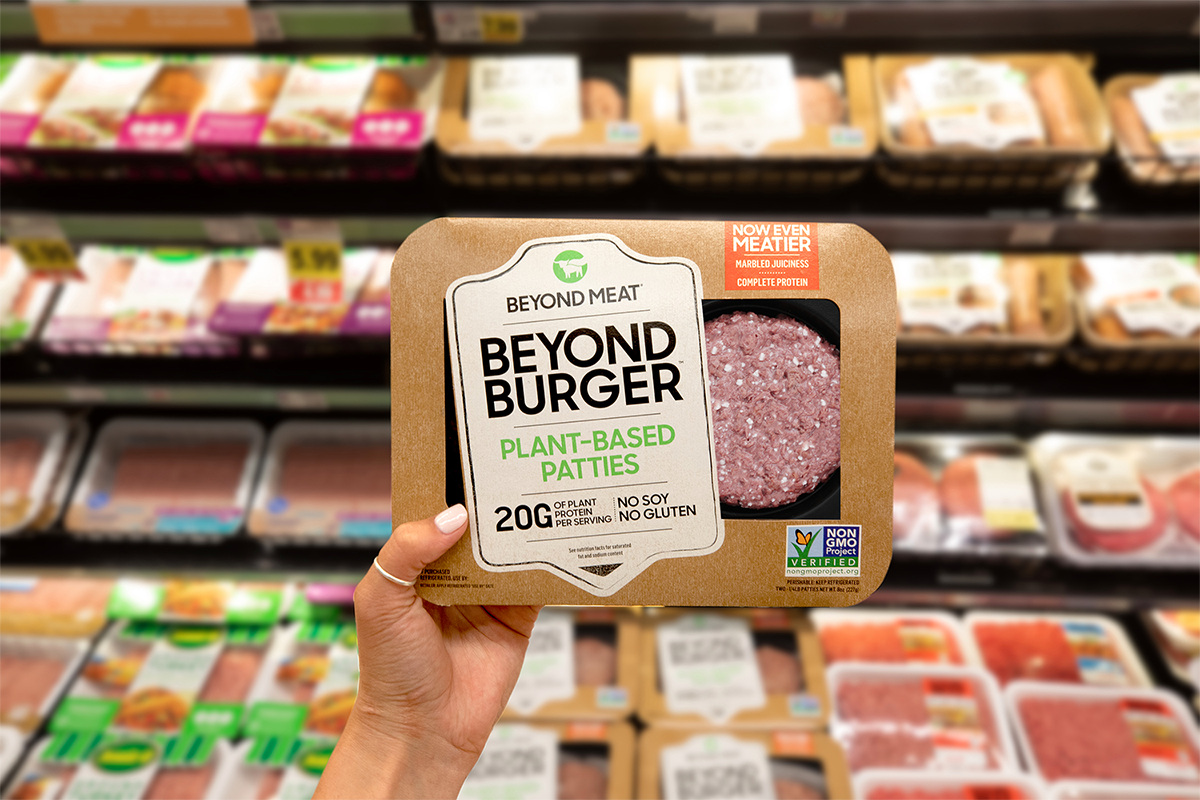 A pack of Beyond Burgers in a supermarket.