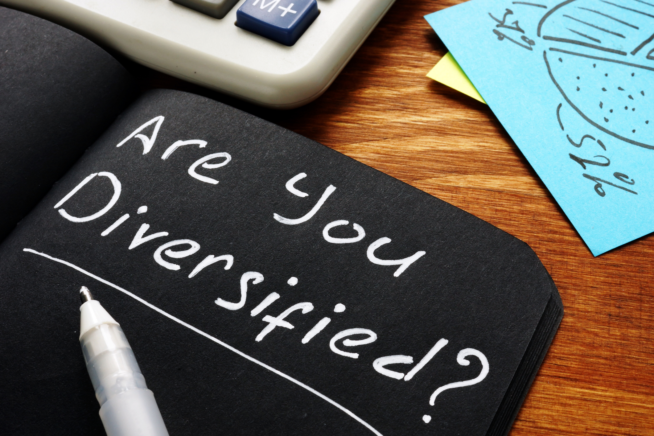 The words "Are you diversified?" written in white chalk on a black notebook page.