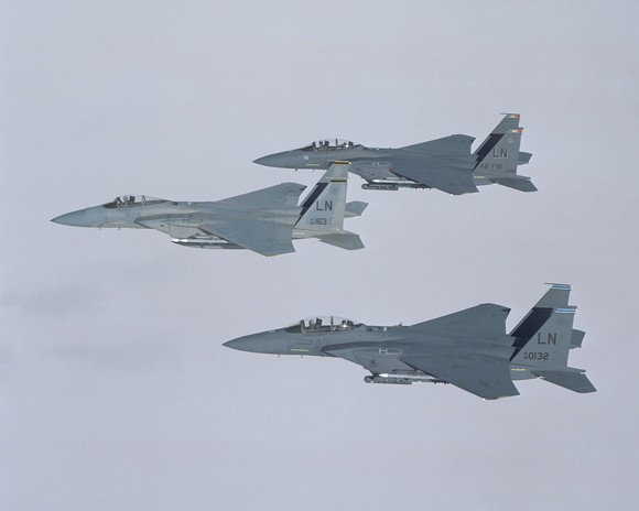 Boeing-made F-15s in flight.