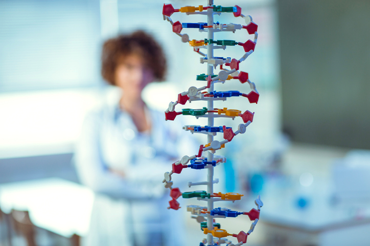 A model of a double helix with a scientist looking at it in the background.