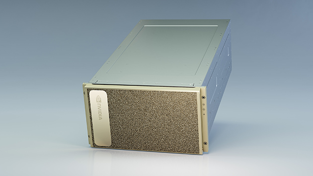 The NVIDIA A100 data center unit, a gray box with NVIDIA logo on the front.