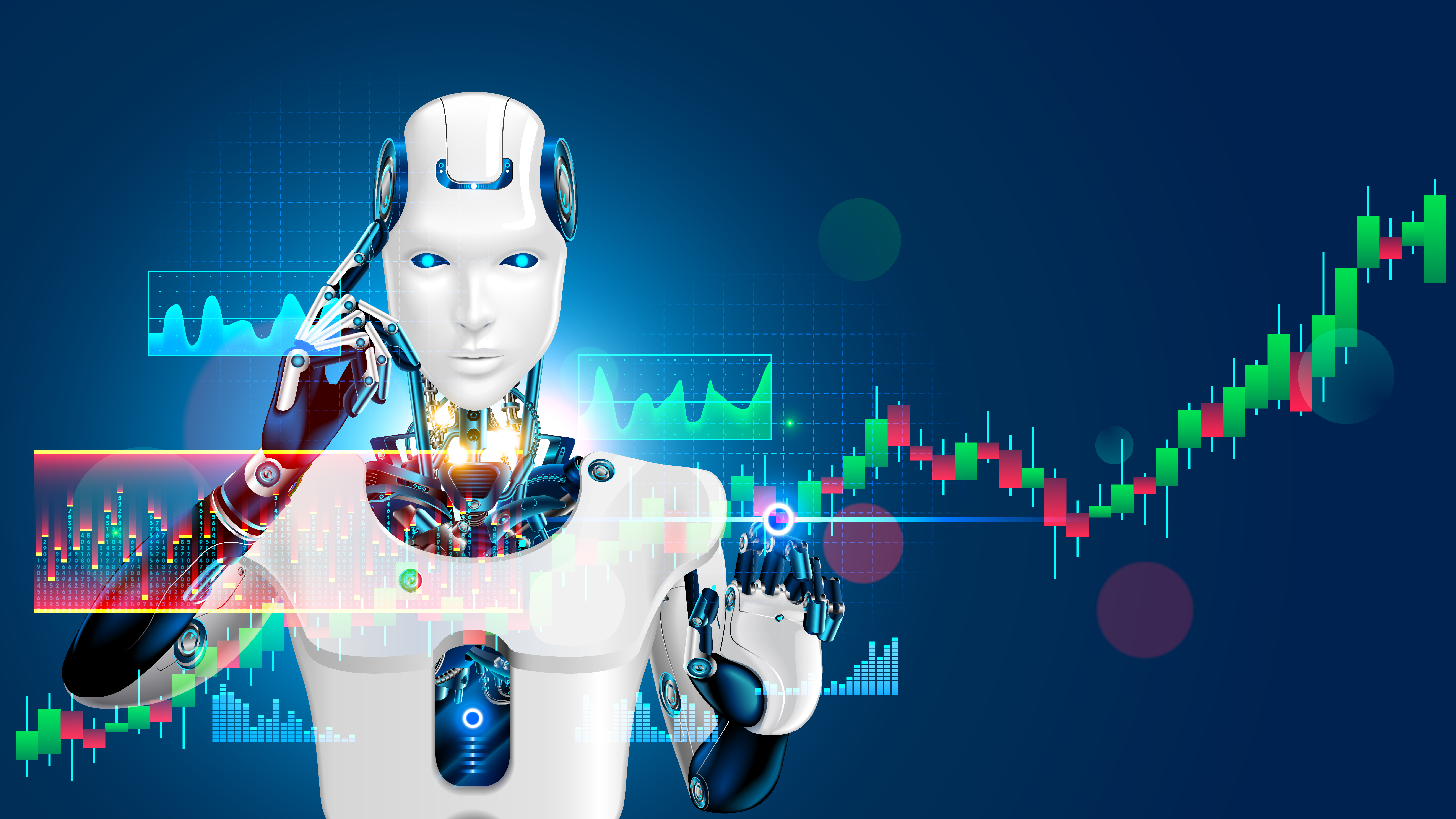 Standing behind a series of stock charts, a robot touches a finger to its head.