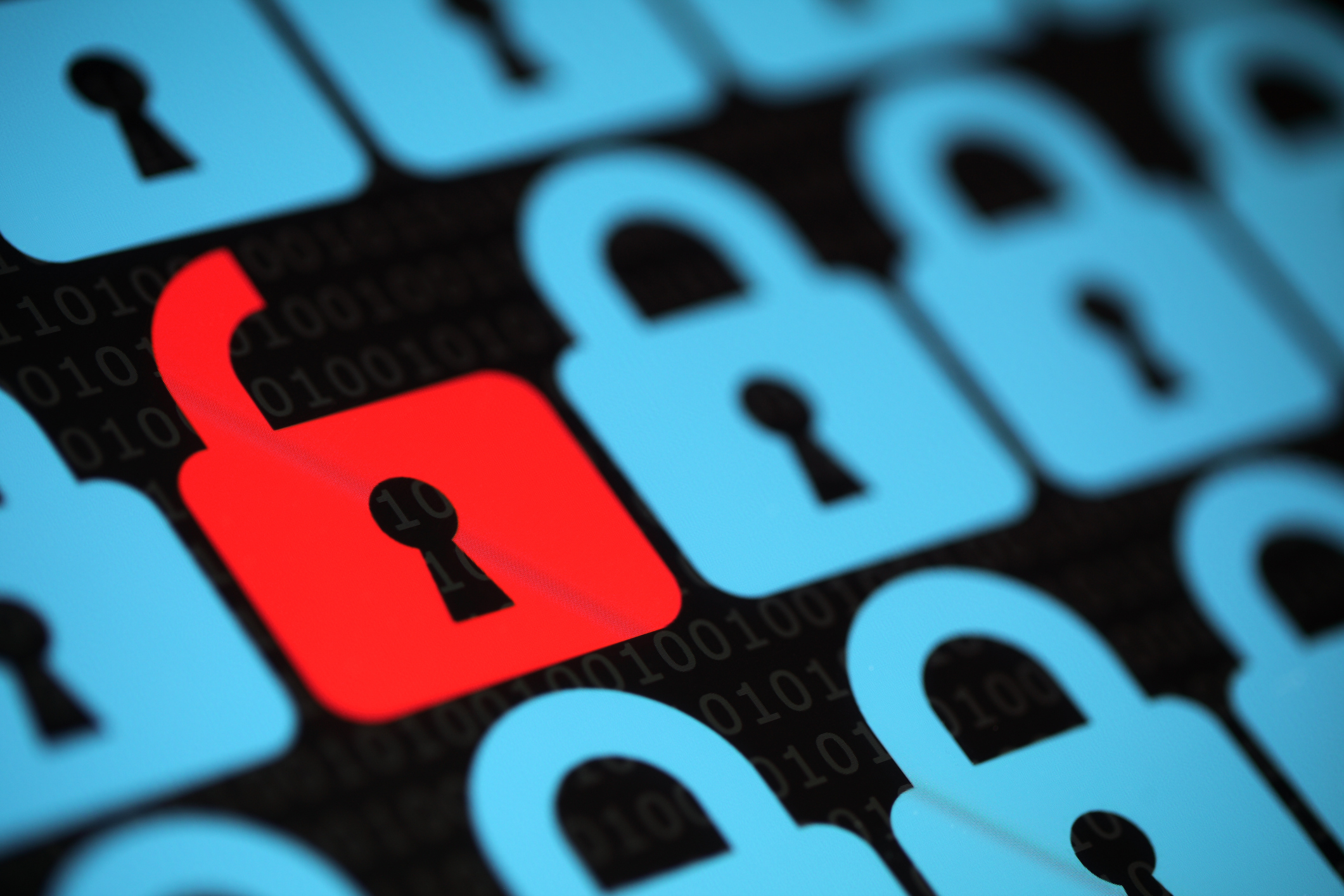 A collection of lock icons with one of the icons being unlocked.