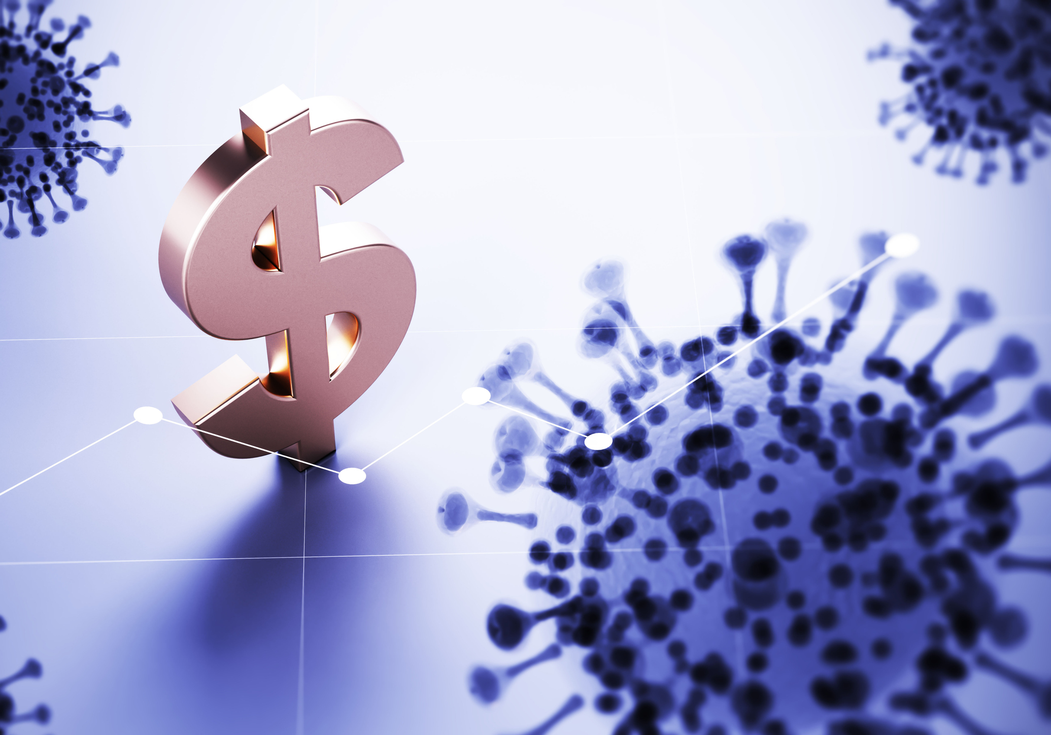 Dollar sign surrounded by coronavirus molecules. 