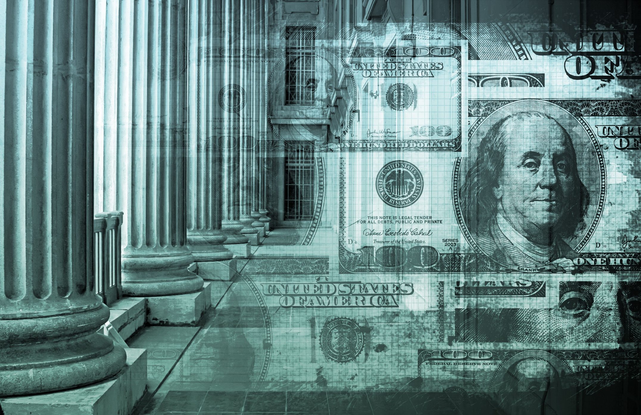 Large building columns with $100 bills superimposed over them