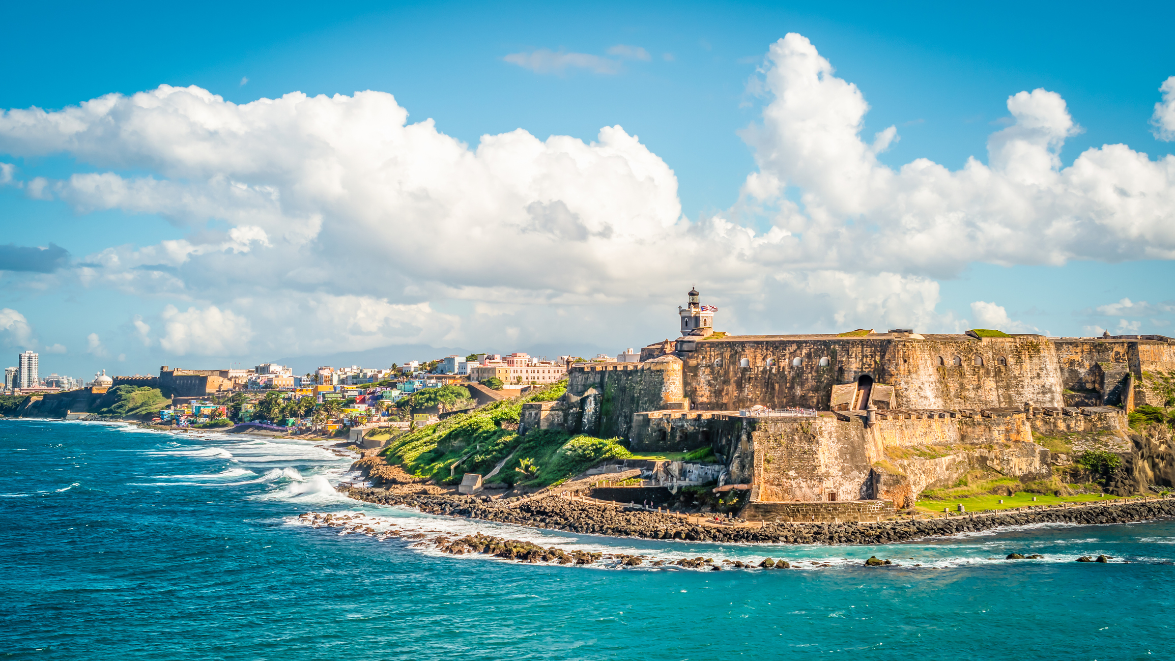 Panoramic view of historical castle El Morro along the coastline, San Juan, Puerto Rico