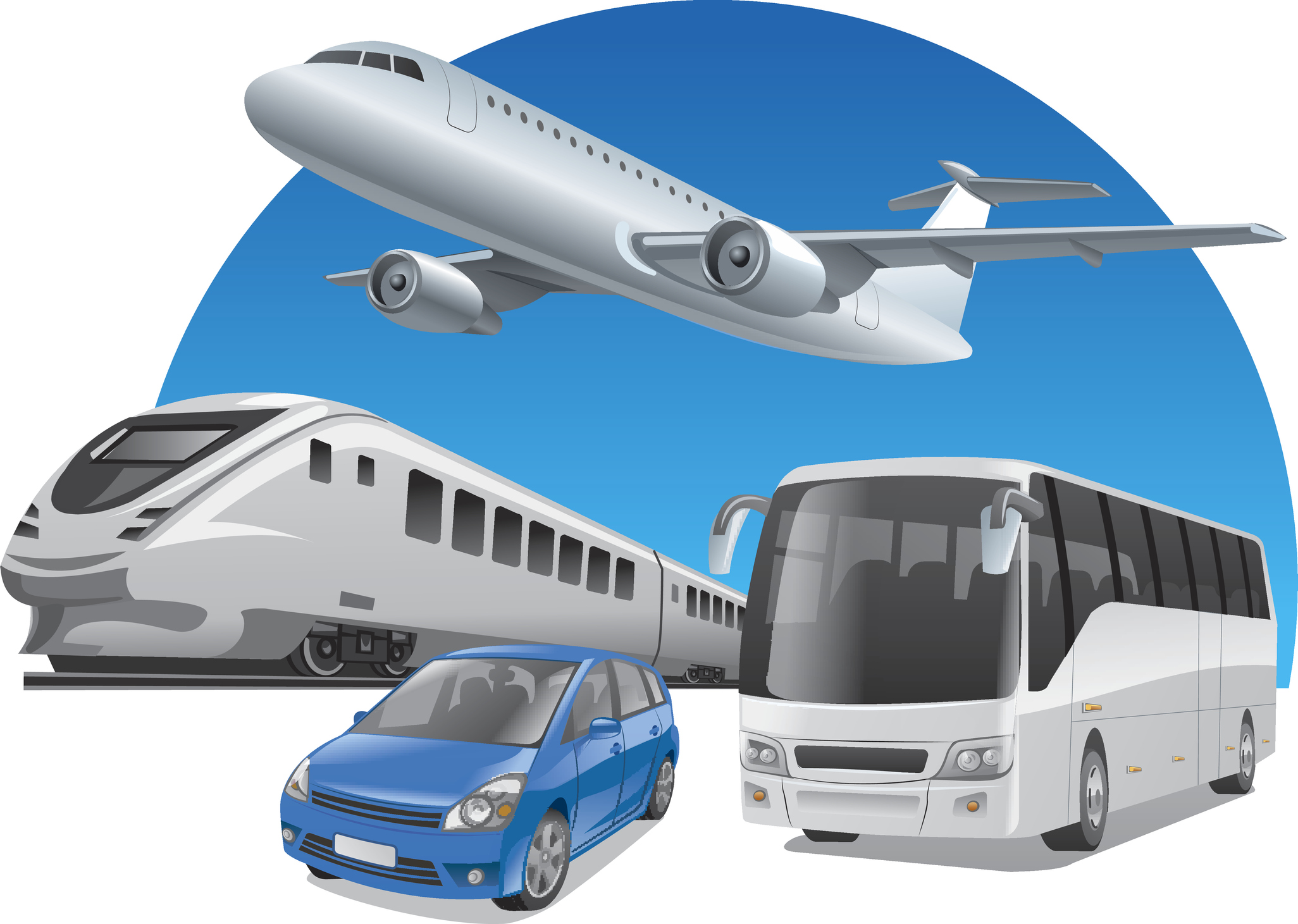 Transport options including planes, trains, autos, and buses.