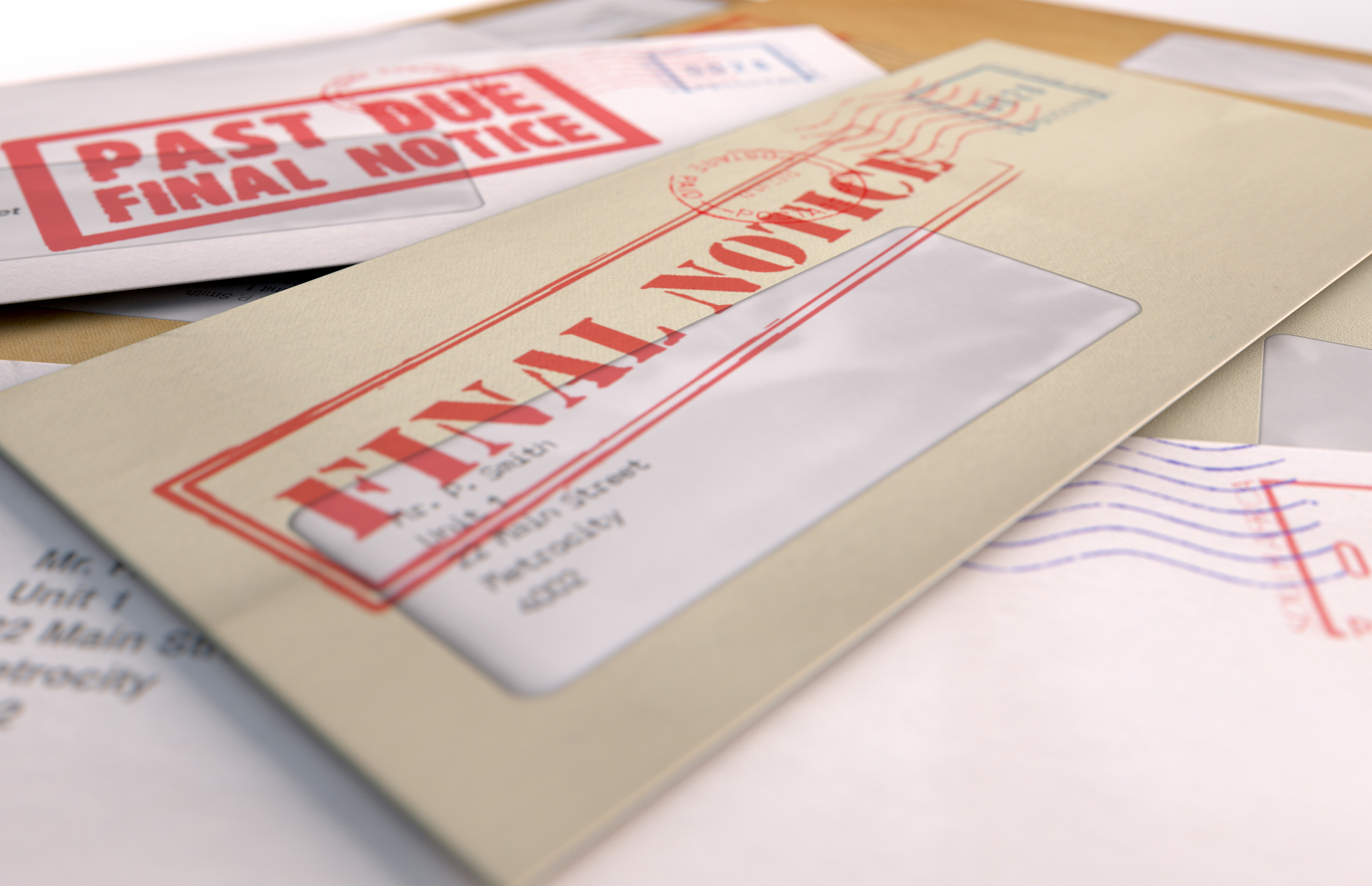 A stack of bills stamped with the words past due and final notice.