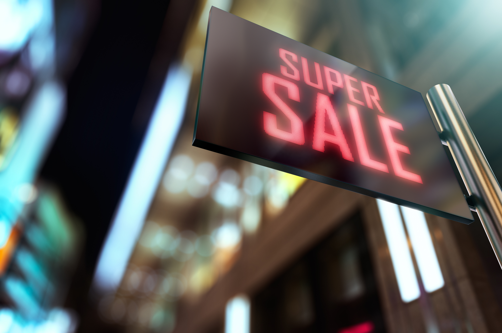 A digital sign that reads, Super Sale.