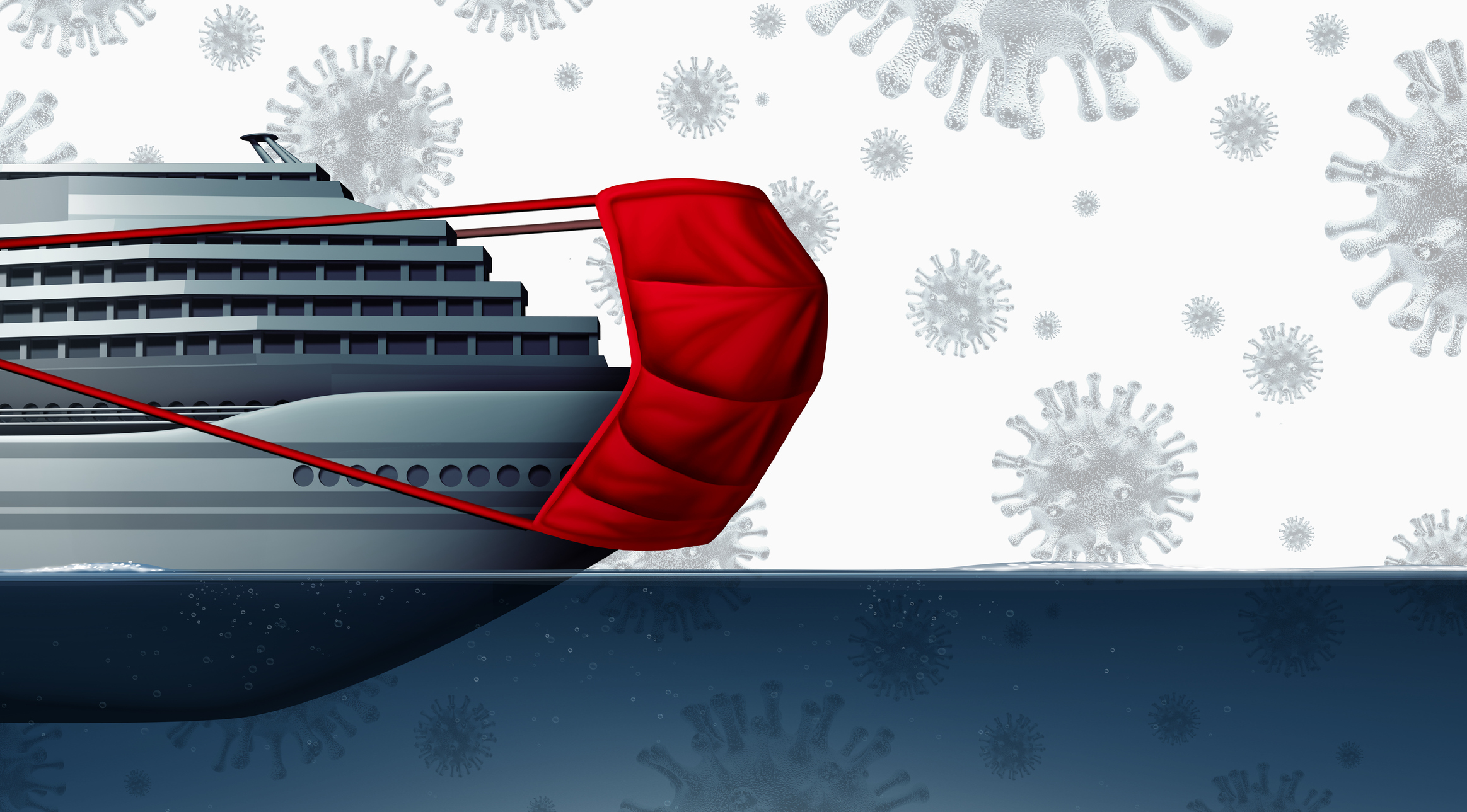 A cartoon of a cruise ship wearing a large facemask over the bow of the ship.