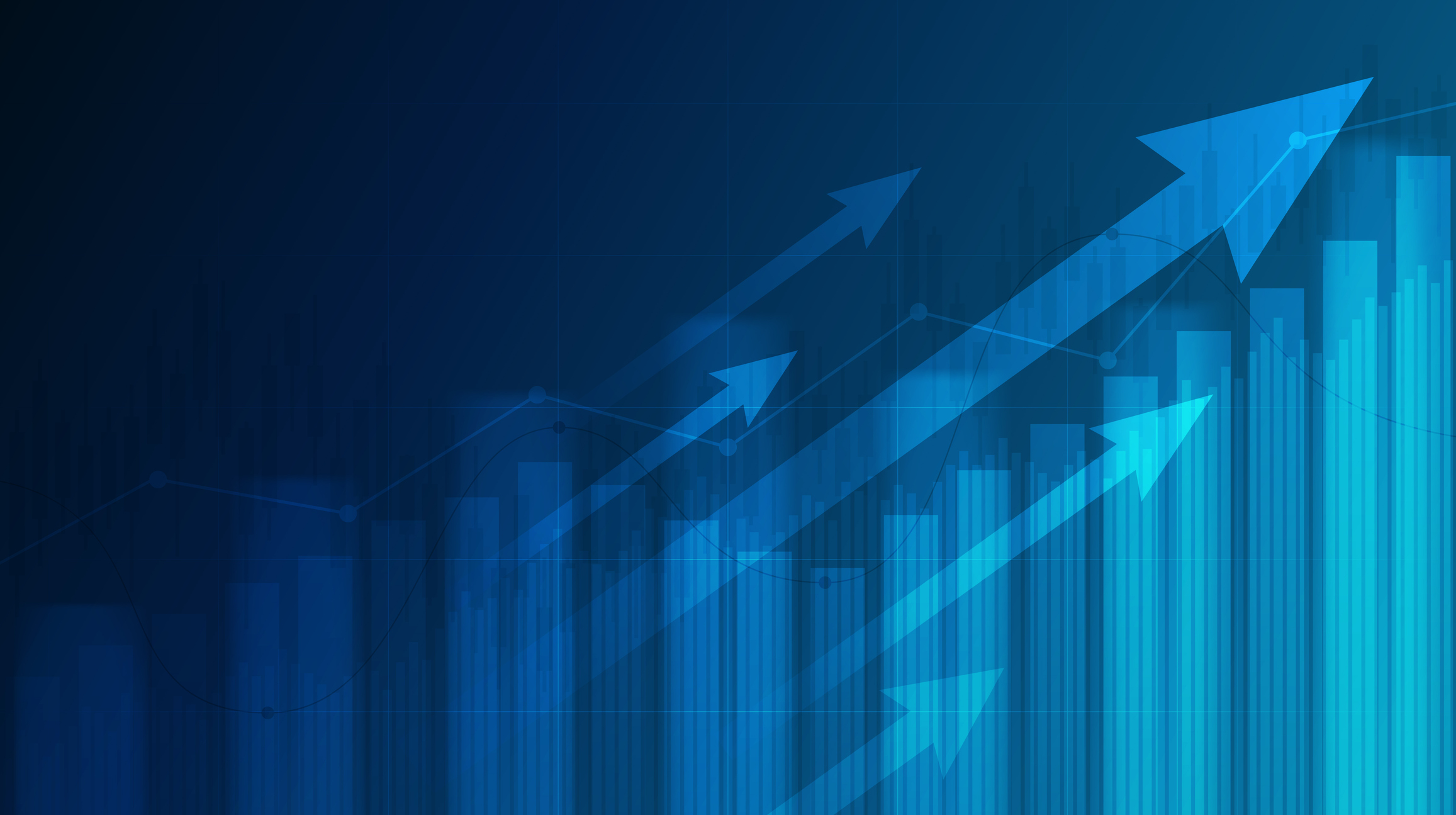 A bar chart and arrows on a blue background.