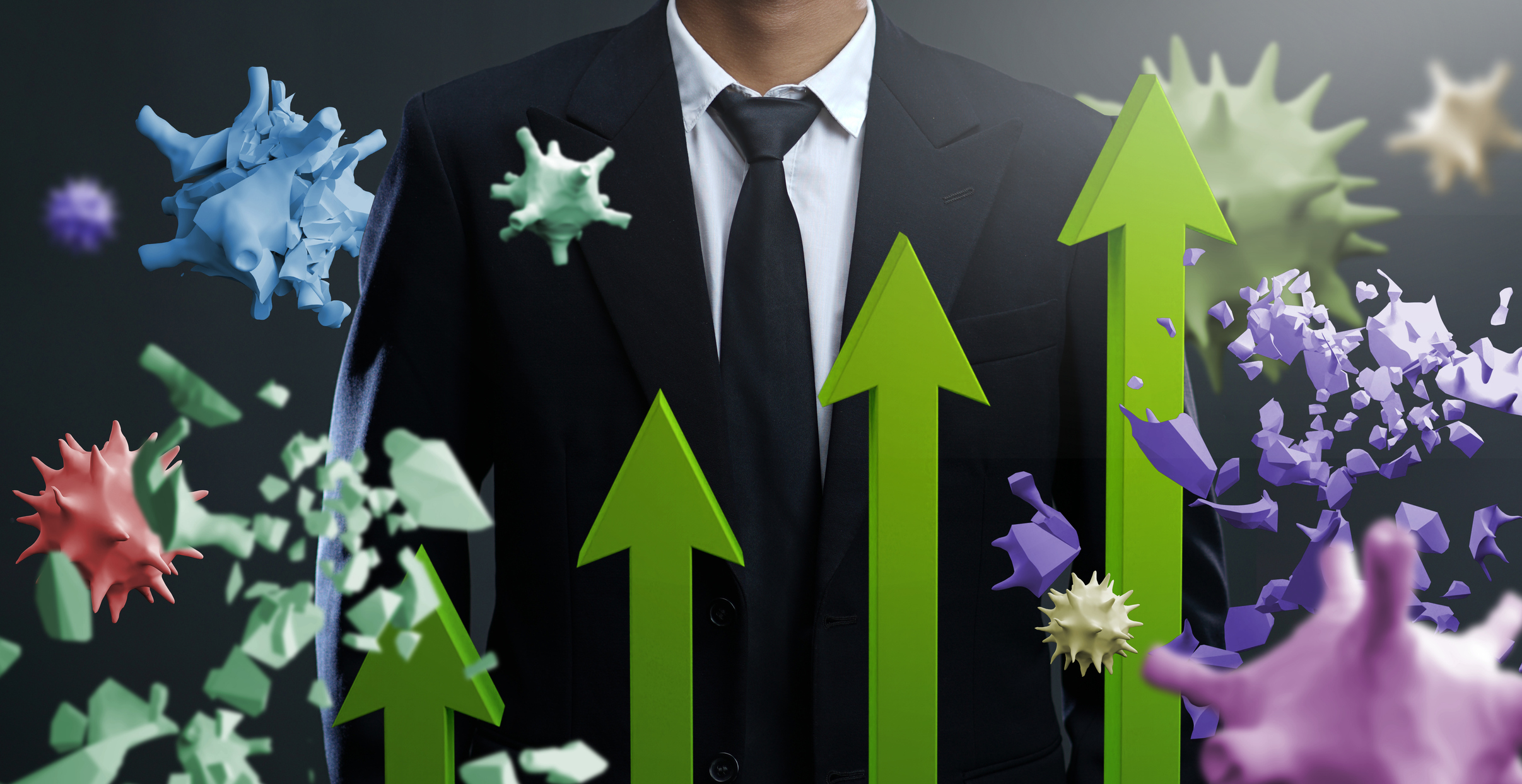 Businessman with green arrows pointing up and virus images