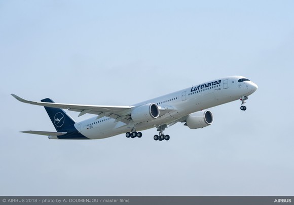 A Lufthansa Airbus A350 in flight. 