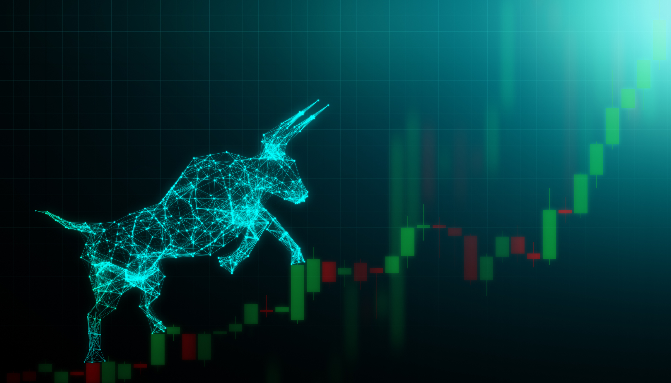 A virtual bull climbs a candlestick graph, representing a rising stock market.