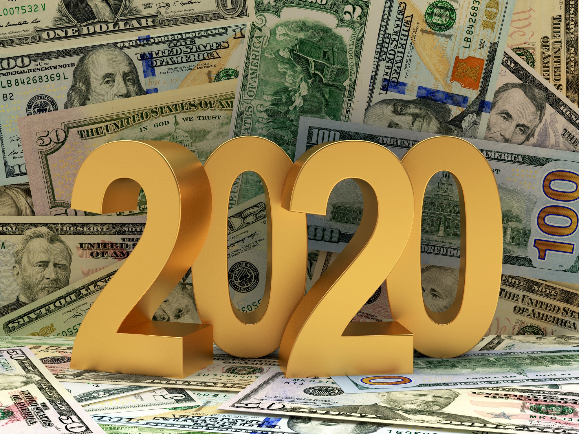2020 in golden block letters against a backdrop of dollar bills as wallpaper.