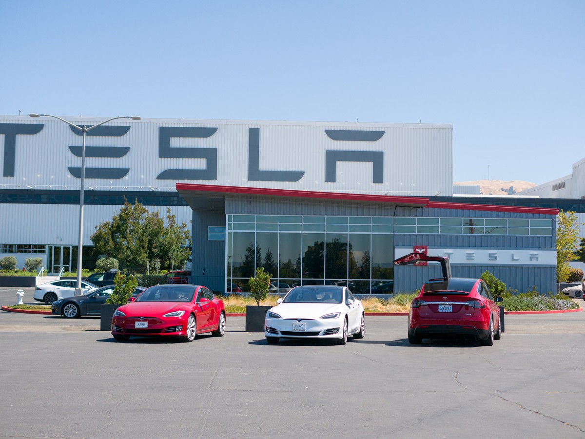 Three Tesla vehicles in parking lot in front of Tesla factory.