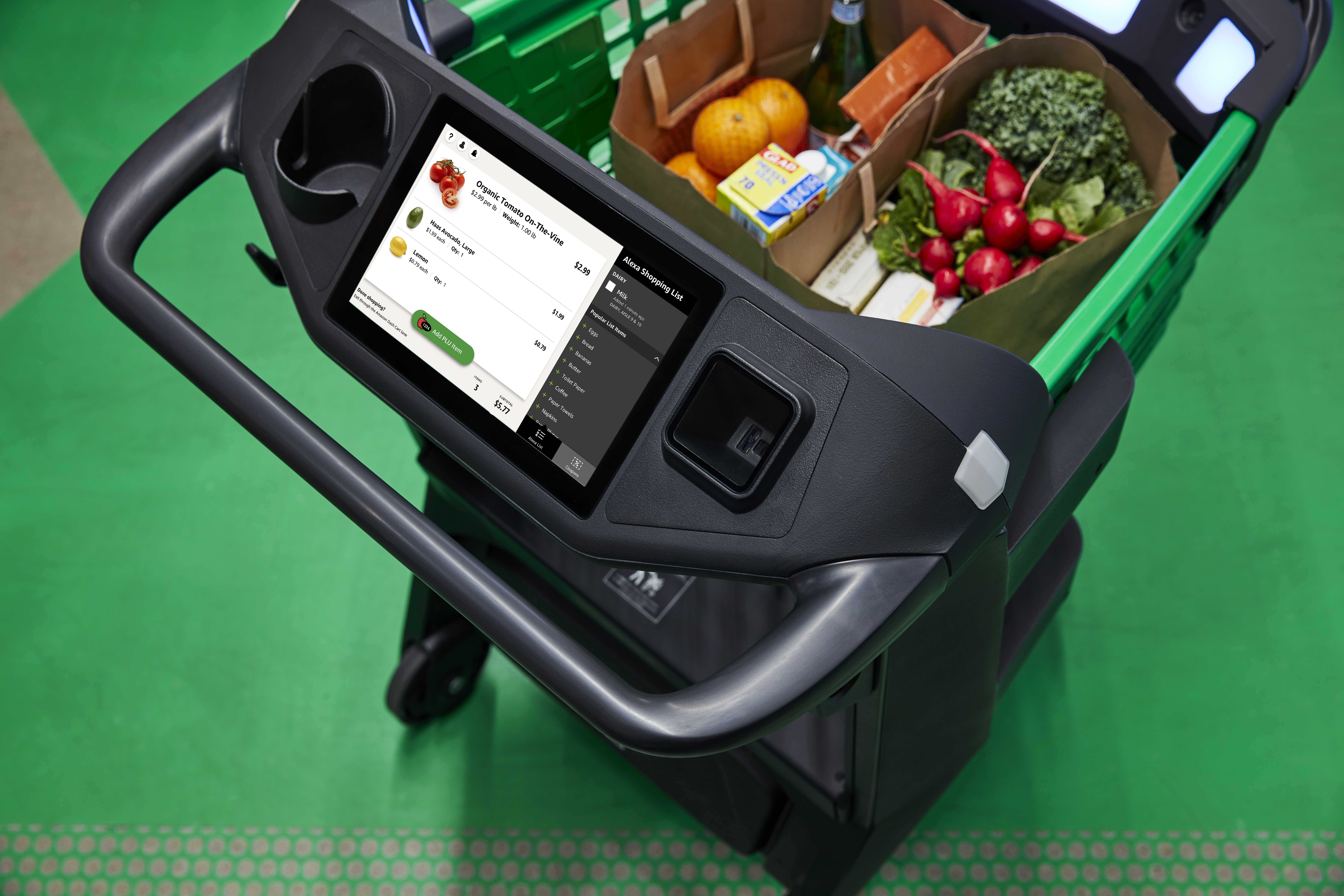 Closeup of a Dash cart filled with groceries.