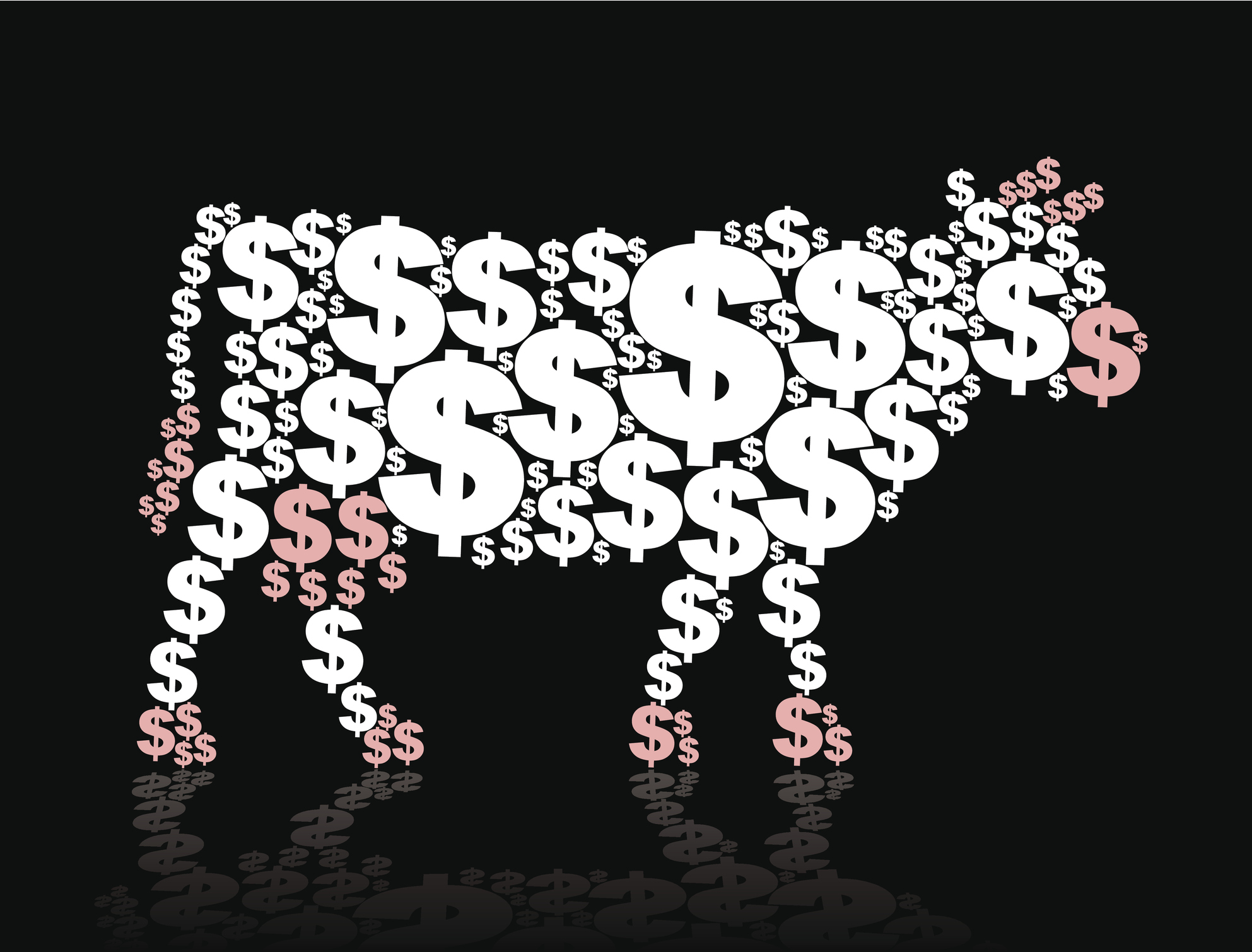 A cow in profile made up of white and pink dollar signs.