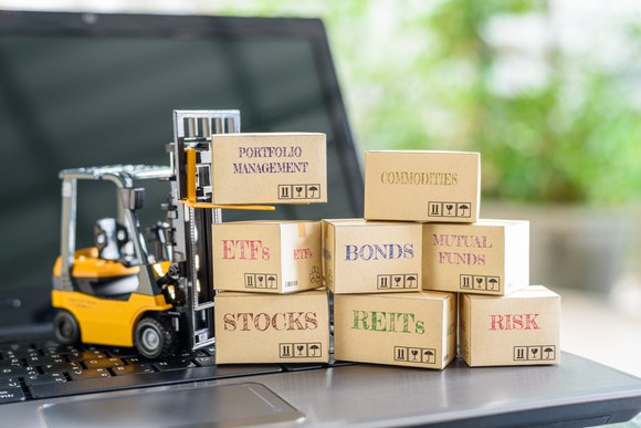 Boxes of financial terms -- stocks, REITs, Risk -- and a toy forklift.