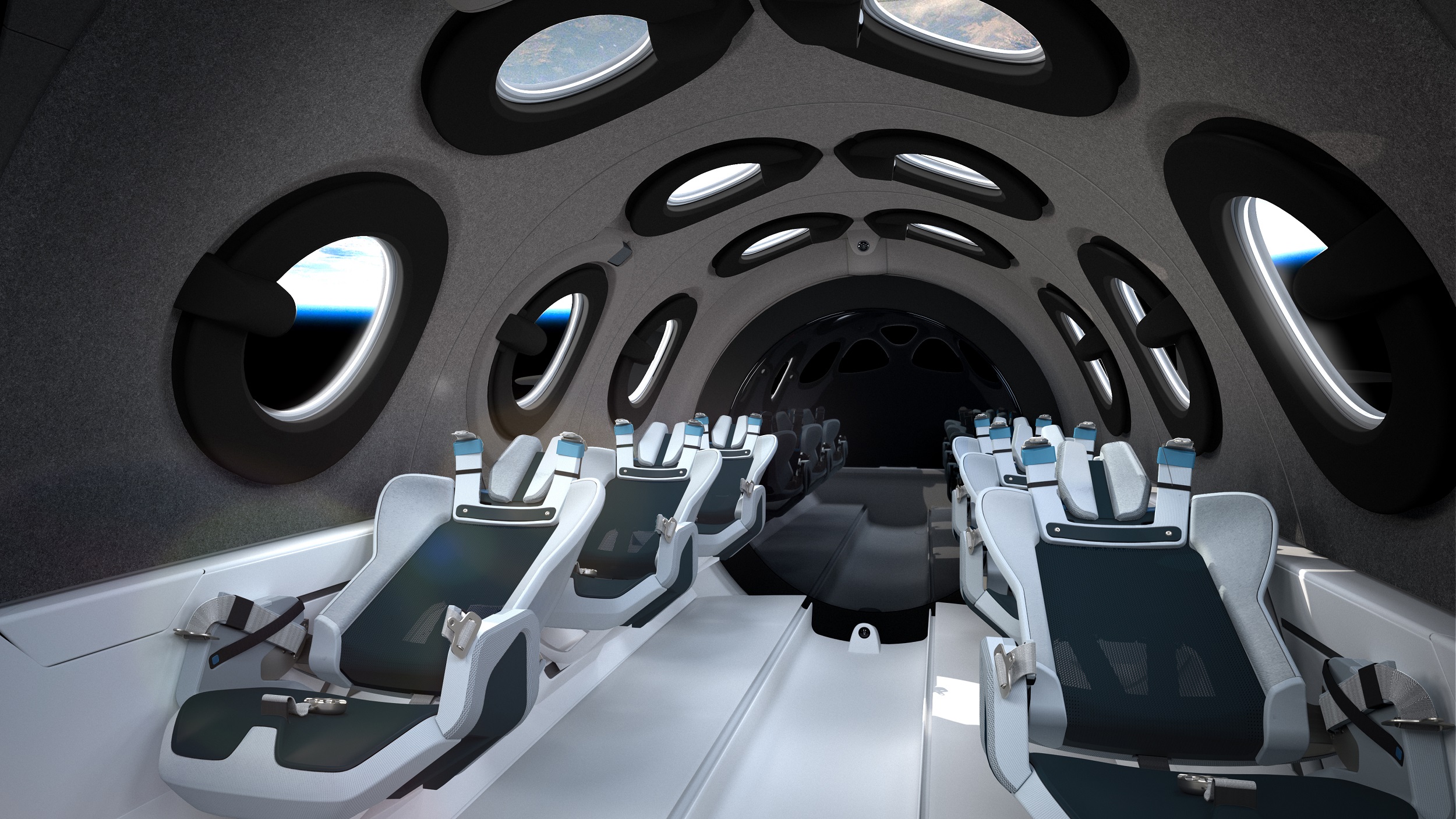 Rendering of the interior of a Virgin Galactic spaceship.